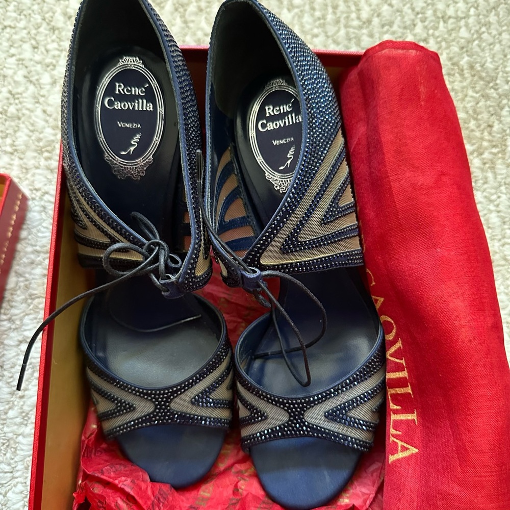 Rene Caovilla Navy and Silver Heels